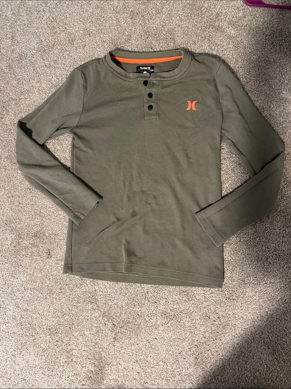 Hurley Olive Green Long Sleeve Henley with Orange Logo